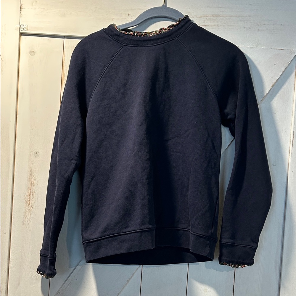 J. Crew Navy Crewneck Sweatshirt Floral Ruffle Collar Sleeves XS Boho Cottage